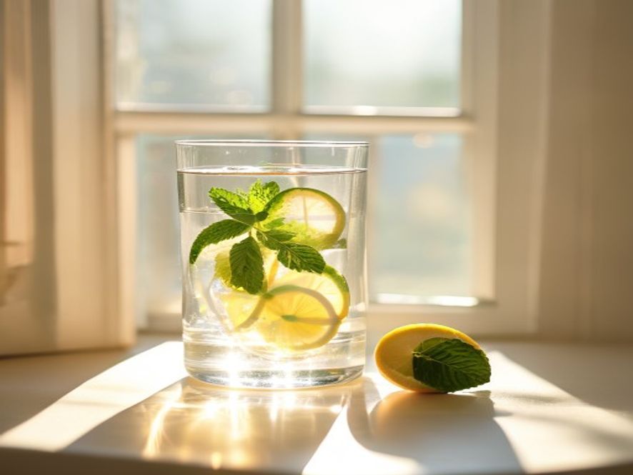 Helder water in glas met citroensegmenten en muntbladeren op zonnig raam
