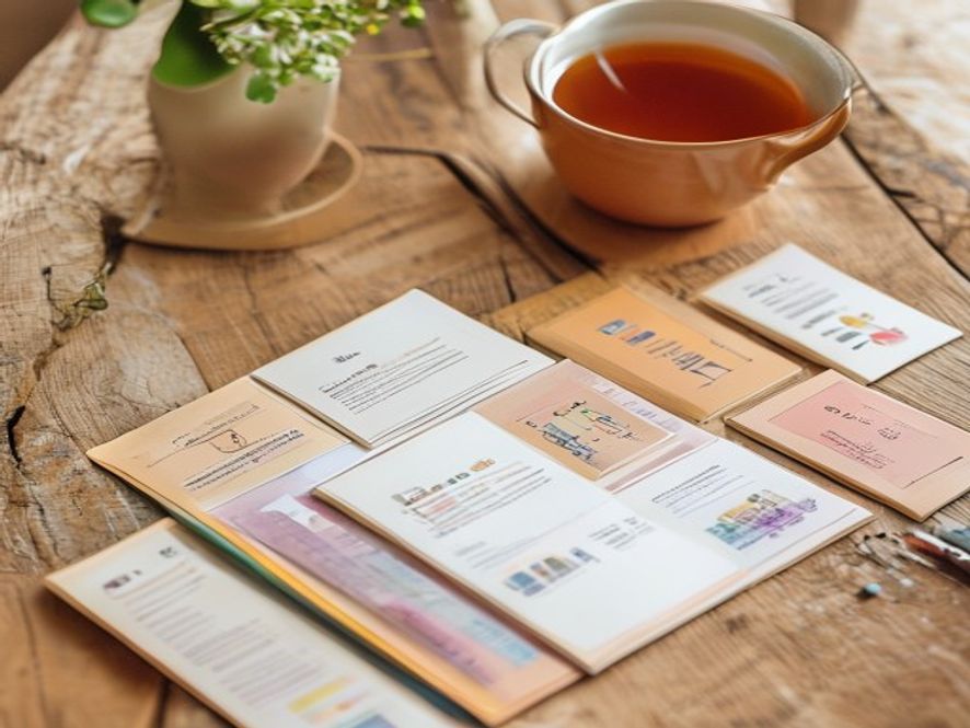 Gekleurde kaartjes op tafel, pen, kopje thee, plantje in potje - toolkit materialen